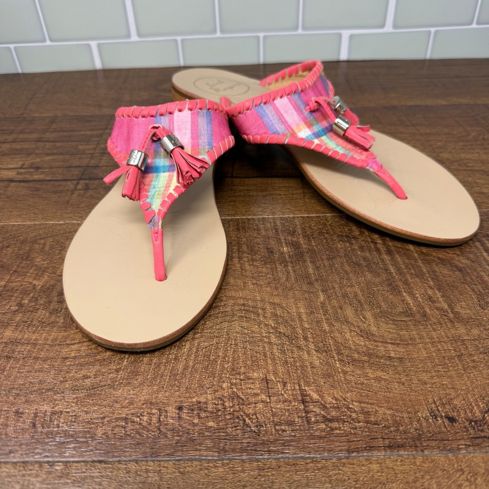 Jack Rogers Pink Plaid Leather Whipstitch Tassel Thong Sandals Women's 8M